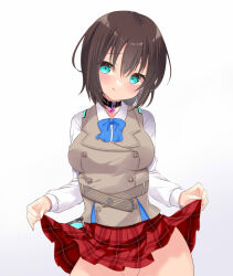  :q aoi_erika aqua_eyes belt_collar black_hair blue_bow blue_bowtie blush bow bowtie breasts brown_vest buttons closed_mouth clothes_lift collar collared_shirt commentary_request commission cowboy_shot double-breasted eyes_visible_through_hair female hair_between_eyes heart-shaped_lock heaven_burns_red large_breasts lifting_own_clothes long_sleeves looking_at_viewer medium_hair miniskirt naughty_face no_panties out-of-frame_censoring plaid_clothes plaid_skirt pleated_skirt red_skirt shirt simple_background skeb_commission skirt skirt_lift smile solo tongue tongue_out tosakaoil vest white_background white_shirt 