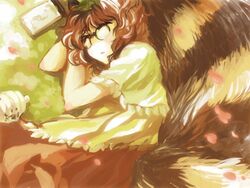  animal_ears brown_hair closed_eyes commentary_request female futatsuiwa_mamizou glasses gourd kinosaki leaf leaf_on_head lying notepad on_side petals raccoon_ears raccoon_tail sleeping tail touhou 