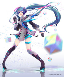  :d absurdres aqua_eyes aqua_hair bad_id bad_pixiv_id belt black_thighhighs blue_hair blurry bracelet buttons contrapposto cube depth_of_field female gloves hair_ornament hair_ribbon hand_in_hand_(vocaloid) hatsune_miku highres holding holding_microphone hoshima jewelry leg_belt long_hair magical_mirai_(vocaloid) magical_mirai_miku magical_mirai_miku_(2015) microphone motion_blur music official_art open_mouth pigeon-toed reflection ribbon singing smile solo standing thigh_strap thighhighs twintails v-shaped_eyebrows very_long_hair vocaloid 