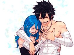  1boy bandage couple fairy_tail female gray_fullbuster hug juvia_loxar rboz shirtless tears 