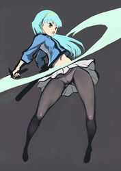  aqua_hair black_pantyhose blue_eyes breasts commentary_request crotch_seam female full_body grey_background hairband highres jacket johan_(johan13) katana long_hair miniskirt navel panties panties_under_pantyhose pantyhose shimo_(yatagarasu) skirt slashing small_breasts solo sword track_jacket underwear upskirt weapon yatagarasu_(game) 