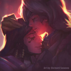  2girls ana_(overwatch) arabic_commentary artist_name black_hair closed_eyes commentary dark-skinned_female dark_skin english_commentary english_text facial_tattoo grey_hair happy_tears kissing kissing_forehead mixed-language_commentary mother_and_daughter multiple_girls overwatch overwatch_1 pharah_(overwatch) photoshop_(medium) richard_suwono smile tattoo tears 