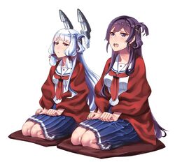  2girls black_hair brown_eyes cosplay cushion full_body headgear hie_(hiememiko) hiememiko high_school_fleet kantai_collection long_hair marikouji_kaede marikouji_kaede_(cosplay) multiple_girls murakumo_(kancolle) one_side_up open_mouth original purple_eyes purple_hair school_uniform serafuku shawl sitting wariza white_hair yokosuka_girls_marine_high_school_uniform 