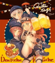  3girls alcohol beer bismarck_(kancolle) bismarck_kai_(kancolle) blonde_hair clothes_writing commentary_request eating flag_background food fork french_fries german_flag german_text green_eyes grey_hair hat hot_dog kantai_collection long_hair long_sleeves mika_pikazo military military_hat military_uniform multiple_girls plate pretzel red_hair sailor_collar short_hair translated uniform yellow_eyes z1_leberecht_maass_(kancolle) z3_max_schultz_(kancolle) 