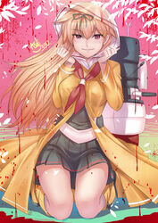  asdj black_serafuku boots breasts brown_hair closed_mouth commentary female full_body hair_ribbon highres kantai_collection knee_boots kneeling long_hair long_sleeves looking_at_viewer machinery medium_breasts neckerchief photoshop_(medium) raincoat raining_blood red_eyes red_neckerchief ribbon rigging rubber_boots school_uniform serafuku smile solo turret yellow_footwear yellow_raincoat yuudachi_(kancolle) yuudachi_kai_ni_(kancolle) 