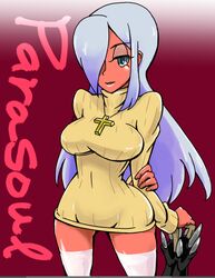  alternate_color alternate_legwear breasts colored_skin commentary_request cosplay cross cross_necklace dress female hair_over_one_eye jewelry kneesocks_(psg) kneesocks_(psg)_(cosplay) krieg_(skullgirls) large_breasts long_hair necklace panty_&amp;_stocking_with_garterbelt parasoul_(skullgirls) player_2 red_hair red_skin ribbed_sweater setsuson skullgirls solo standing sweater sweater_dress thighhighs 