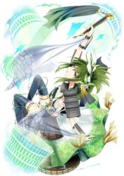  alpha_transparency bodaisan_(oshiro_project) drum falling female flat_chest full_body green_hair instrument kamaboko_red long_hair official_art oshiro_project:re purple_eyes sleeveless solo taiko_drum thighhighs torn_clothes torn_thighhighs transparent_background 