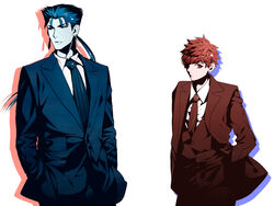  2boys bad_id bad_pixiv_id cu_chulainn_(fate) cu_chulainn_(fate/stay_night) emiya_shirou fate/stay_night fate_(series) formal mitsuki_mitsuno multiple_boys ponytail suit 