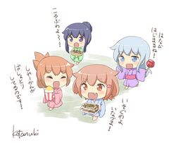  4girls :d ^_^ aged_down akatsuki_(kancolle) alternate_costume alternate_hairstyle artist_name black_hair blue_eyes brown_eyes brown_hair candy_apple closed_eyes commentary folded_ponytail food gale_kawaii hair_ornament hairclip hibiki_(kancolle) ikazuchi_(kancolle) inazuma_(kancolle) japanese_clothes kantai_collection kimono long_hair multiple_girls oerba_yun_fang open_mouth ponytail shaved_ice short_hair skin_fang smile takoyaki translated white_hair yakisoba yukata 