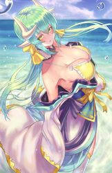  absurdres bare_shoulders bikini blush bow breasts chestnut_mouth cleavage commentary_request day dragon_girl dragon_horns fate/grand_order fate_(series) female gore_(white_gore) green_hair hair_between_eyes hairbow highres horizon horns japanese_clothes kimono kiyohime_(fate) kiyohime_(swimsuit_lancer)_(fate) kiyohime_(swimsuit_lancer)_(first_ascension)_(fate) large_breasts long_hair looking_at_viewer ocean open_mouth ponytail sky solo swimsuit water yellow_eyes 