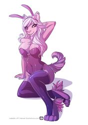  2015 anastasya anthro biped breasts bunny_costume bustier clothing costume ear_piercing fake_ears fake_rabbit_ears female hair hi_res hyena legwear mammal piercing pink_eyes purple_clothing simple_background sitting solo spotted_hyena stockings tail twilight-goddess white_hair 