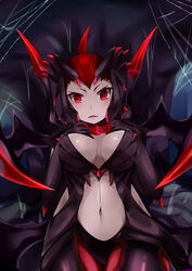  black_gloves breasts elbow_gloves elise_(league_of_legends) female gloves gradient gradient_background league_of_legends looking_at_viewer midriff navel oerba_yun_fang open_mouth pink_eyes solo spider_web zhainan_s-jun 