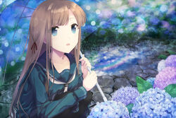  :d after_rain aqua_shirt aqua_skirt black_legwear blue_eyes blue_flower blue_umbrella brown_hair cobblestone coffee1223 commentary_request constricted_pupils day female flower green_sailor_collar green_serafuku hair_ribbon highres holding holding_umbrella hydrangea light_rays long_hair looking_up miniskirt neckerchief open_mouth original outdoors pink_flower purple_flower rainbow red_ribbon ribbon sailor_collar school_uniform serafuku shirt skirt smile solo squatting sunbeam sunlight umbrella very_long_hair white_neckerchief 