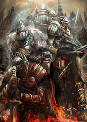  5boys absurdres armor ashen_one_(dark_souls_3) bad_id bad_pixiv_id battle bearer_of_the_curse bloodborne chosen_undead crossover dark_souls_(series) dark_souls_i dark_souls_ii dark_souls_iii demon&#039;s_souls highres hunter_(bloodborne) mobius_(mobiusu14) multiple_boys photoshop_(medium) slayer_of_demons sword weapon 