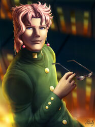  1boy blurry building commentary_request depth_of_field earrings gakuran highres holding holding_removed_eyewear jewelry jojo_no_kimyou_na_bouken kakyoin_noriaki male_focus md5_mismatch photoshop_(medium) pink_hair poppyminty purple_eyes school_uniform signature solo sunglasses unworn_eyewear 