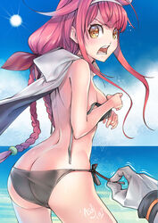  :o admiral_(kancolle) ahoge asdj ass bare_back bare_shoulders beach bikini black_bikini blush braid breasts butt_crack commentary cowboy_shot day female flipped_hair from_side hair_ribbon hairband highres kantai_collection kawakaze_(kancolle) long_hair looking_at_viewer looking_to_the_side low_twintails open_mouth outdoors photoshop_(medium) red_hair remodel_(kantai_collection) ribbon side-tie_bikini_bottom sidelocks small_breasts solo_focus swimsuit twin_braids twintails untied_bikini v-shaped_eyebrows yellow_eyes 