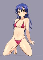  barefoot bikini blue_hair breasts commentary_request covered_nipples female kneeling long_hair love_live! love_live!_school_idol_project navel purple_background simple_background small_breasts solo sonoda_umi swimsuit turkey_min yellow_eyes 