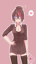  black_legwear black_skirt black_thighhighs blue_eyes blush breasts cleavage closed_mouth collarbone female fiora_laurent frown glasses heart league_of_legends letter long_sleeves love_letter multicolored_hair short_hair simple_background skirt sleeves_rolled_up solo thighhighs zettai_ryouiki zhainan_s-jun 