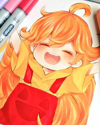  ahoge amaama_to_inazuma blonde_hair closed_eyes commentary_request female highres hina_ningyou_(hinako0926) inuzuka_tsumugi lolicon long_hair marker_(medium) overalls smile solo traditional_media 