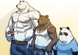  2014 abs anthro bear belly belt beverage biceps big_muscles blue_eyes bodily_fluids bottomwear brown_bear brown_body brown_eyes brown_fur cartoon_network clothed clothing denim denim_bottomwear denim_clothing food fur giant_panda grizzly_bear group jacketbear jacketbear_(character) jeans male mammal muscular nipples pants pecs polar_bear shirt size_difference slightly_chubby sweat tank_top topless topwear unknown_character ursine we_bare_bears 