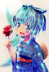  blue_eyes blue_hair blush bow candy_apple cirno cirno_day commentary_request female food hairbow highres ice ice_wings japanese_clothes kimono open_mouth partial_commentary pmx short_hair smile solo touhou wings yukata 