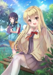  2girls absurdres aho_girl akutsu_ruri backpack bad_id bad_pixiv_id bag black_hair blonde_hair blush brown_eyes grey_skirt hair_ornament highres holmemee looking_at_viewer multiple_girls open_mouth outdoors parted_lips randoseru skirt smile star_(symbol) star_hair_ornament sumino_sayaka thighhighs white_legwear 