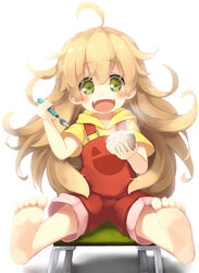  amaama_to_inazuma barefoot blonde_hair bowl commentary_request feet female foot_focus gengetsu_chihiro green_eyes highres inuzuka_tsumugi lolicon long_hair looking_at_viewer overalls photoshop_(medium) rice_bowl sitting smile solo 