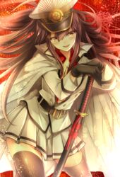  :d alternate_costume belt black_gloves black_hair black_thighhighs blush breasts cape commentary_request crest family_crest fate_(series) female gloves hat hatori_mia highres holding holding_sword holding_weapon koha-ace large_breasts long_hair looking_at_viewer oda_nobunaga_(fate) oda_nobunaga_(koha-ace) oda_uri open_mouth pleated_skirt red_eyes sheath sheathed skirt smile solo sword thighhighs weapon 