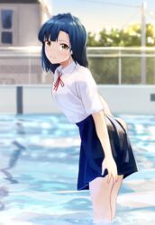  blue_hair commentary_request day female highres hinoshita_akame idolmaster idolmaster_million_live! looking_at_viewer nanao_yuriko outdoors partially_submerged pool ribbon school_uniform short_hair skirt smile solo wading yellow_eyes 