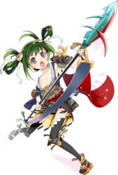  :o black_thighhighs dutch_angle female floral_print full_body green_hair holding holding_polearm holding_weapon iwateyama_(oshiro_project) kamaboko_red long_hair official_art oshiro_project:re polearm purple_eyes sleeveless solo spear thighhighs transparent_background v-shaped_eyebrows weapon 