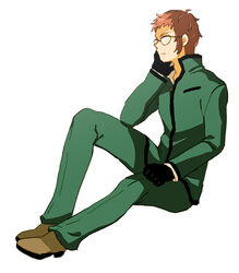  1boy bad_id bad_pixiv_id brown_hair commentary_request coppelion expressionless full_body glasses gloves hcsb male_focus mizoguchi_touma photoshop_(medium) sideburns sitting solo white_background 