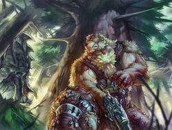  4:3 american_black_bear anthro bear biceps big_muscles black_bear brown_body brown_fur clothed clothing digital_media_(artwork) digital_painting_(artwork) duo fangs fluffy fur gun jacketbear low-angle_view male mammal muscular partially_clothed paws ranged_weapon solo_focus teeth ursine vein weapon worm&#039;s-eye_view 