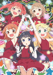  5girls :3 :d armpits black_hair blonde_hair blue_eyes bow brown_eyes brown_hair commentary dress elbow_gloves errant frilled_dress frills gloves green_eyes hairbow happy_happy_friends himesaka_noa hoshino_hinata konomori_kanon long_hair matching_outfits multiple_girls neon_lights oerba_yun_fang open_mouth orange_hair ponytail purple_eyes red_dress shirosaki_hana short_hair smile star_(symbol) tanemura_koyori twintails v watashi_ni_tenshi_ga_maiorita! white_gloves 