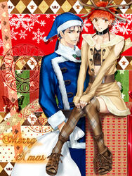  2boys animal_costume antlers argyle_clothes argyle_legwear bad_id bad_pixiv_id blue_hair blue_santa_costume christmas cu_chulainn_(fate) cu_chulainn_(fate/stay_night) emiya_shirou fate/stay_night fate_(series) horns long_hair mitsuki_mitsuno multiple_boys orange_hair ponytail red_eyes reindeer_costume santa_costume thighhighs yellow_eyes 