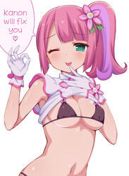  ;d bangs black_bra blunt_bangs bra breasts eyebrows_visible_through_hair female flower gloves green_eyes hair_flower hair_ornament hard_translated highres kanon_(pripara) looking_at_viewer medium_breasts navel nipples one_eye_closed open_mouth pink_hair pripara short_hair side_ponytail smile speech_bubble tiger_rmn translation_request underwear upper_body white_gloves 