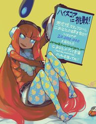  blue_eyes blue_pantyhose blue_revolver commentary_request female goggles goggles_on_head hime_cut long_hair mae_(blue_revolver) multicolored_pantyhose no_shoes pantyhose print_pantyhose red_hair sign sitting snowman_print solo translation_request very_long_hair woofycakes 