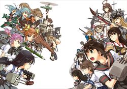  12.7cm_twin_gun_mount 6+girls 61cm_quintuple_(oxygen)_torpedo_mount abo_(hechouchou) ahoge akagi_(kancolle) akitsu_maru_(kancolle) akitsu_maru_kai_(kancolle) annoyed aqua_hair arm_warmers asashio_(kancolle) bare_shoulders bike_shorts bismarck_(kancolle) bismarck_drei_(kancolle) black_hair blonde_hair blue_eyes blunt_bangs brown_eyes brown_hair capelet commentary_request damage_control_goddess_(kancolle) detached_sleeves double_bun e16a_zuiun fairy_(kancolle) fleet_command_facility fubuki_(kancolle) fubuki_kai_ni_(kancolle) fumo25_radar glasses gloves green_eyes green_hair hair_bun hair_ornament hairband hairclip hat hatsuyuki_(kancolle) hime_cut hyuuga_(kancolle) japanese_clothes ka_type_observation_autogyro kagerou_(kancolle) kantai_collection kongou_(kancolle) kongou_kai_ni_(kancolle) kumano_(kancolle) long_hair machinery military military_uniform multiple_girls nontraditional_miko ooyodo_(kancolle) ooyodo_kai_(kancolle) open_mouth opposing_sides peaked_cap pencil pince-nez pink_hair ponytail purple_eyes roma_(kancolle) sailor_collar salute school_uniform shiranui_(kancolle) shirayuki_(kancolle) short_hair short_sleeves sidelocks skirt straight-arm_salute suspenders suzuya_(kancolle) thighhighs twintails type_13_air_radar_kai uniform wavy_hair white_background white_gloves zuiun_(kancolle) 