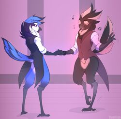  anthro avian avoid_posting beak bird bottomless clock closed_eyes clothed clothing dancing digitigrade duo feathers feet hand_holding hi_res jacket male musical_note open_mouth purple_eyes shirt singing standing talons toes tongue topwear watch wide_hips wristwatch yuurikin 