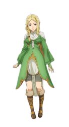  blonde_hair boots braid dress elf fardania female female full_body green_dress green_eyes isekai_shokudou official_art pointy_ears solo white_background white_skin 