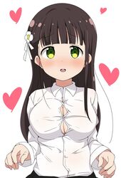  blunt_bangs blush breasts brown_hair cleavage commentary_request covered_nipples female gochuumon_wa_usagi_desu_ka? green_eyes heart highres large_breasts long_hair looking_at_viewer riyo_(aokiwazumi) solo ujimatsu_chiya 