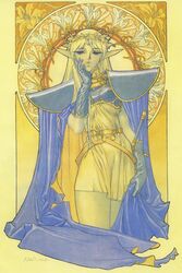  1990s_(style) armor art_nouveau blonde_hair blue_cape blue_eyes cape deedlit elf female flower gloves hand_on_own_cheek hand_on_own_face highres long_hair official_art pauldrons pointy_ears record_of_lodoss_war retro_artstyle sheath sheathed shoulder_armor skirt solo sword third-party_source weapon wreath yuuki_nobuteru 