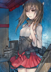  2017 artist_name asdj bike_shorts brown_eyes brown_hair commentary covered_nipples cowboy_shot empty_eyes female flat_chest flight_deck hair_between_eyes headband headgear highres kantai_collection long_hair long_sleeves machinery muneate parted_lips photoshop_(medium) pleated_skirt rain red_skirt rigging see-through see-through_silhouette shirt skirt solo taihou_(kancolle) tsurime turret wet wet_clothes wet_hair wet_shirt 