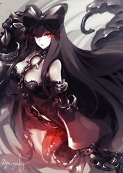  :&lt; abyssal_ship between_breasts black_hair bow breasts chains colored_skin commentary_request detached_sleeves female frown genyaky glowing glowing_eyes hairbow kantai_collection long_hair looking_at_viewer red_eyes seaplane_tender_princess solo twitter_username very_long_hair white_skin 