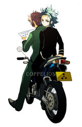  2boys bad_id bad_pixiv_id blue_hair brown_hair commentary_request coppelion copyright_name from_behind full_body glasses hcsb looking_back male_focus mizoguchi_ryouga mizoguchi_touma motor_vehicle motorcycle multiple_boys photoshop_(medium) radiation_symbol white_background 