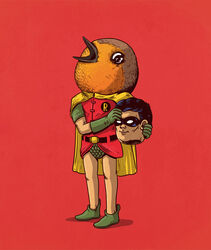  alex_solis avian beak belt bird black_eyes black_hair cape chat_(bird) clothed clothing costume dc_comics digital_media_(artwork) disguise european_robin footwear gloves hair handwear holding_object human_costume human_suit humor male mask old_world_flycatcher open_mouth oscine passerine pun red_background reveal reverse_furry robin_(bird) robin_(dc) saxicoline shirt shoes simple_background smile solo soul_devouring_eyes standing teeth topwear visual_pun what 