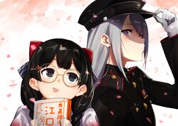  2girls :d bad_id bad_twitter_id bespectacled black_eyes black_hair blush book bow braid cherry_blossoms closed_mouth glasses gloves grey_hair hair_down hair_ornament hair_over_shoulder hairbow hairclip hat higuchi_kaede higuchi_kaede_(8th_costume) holding holding_book long_hair long_sleeves looking_at_another looking_to_the_side medal military military_hat military_uniform mole mole_under_eye multiple_girls nijisanji nuezou open_mouth petals purple_eyes round_eyewear smile smirk tsukino_mito tsukino_mito_(4th_costume) twin_braids uniform upper_body virtual_youtuber white_gloves 