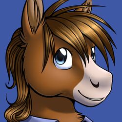  1:1 2014 anthro blue_eyes brown_body brown_fur brown_hair clothed clothing conditional_dnp digital_media_(artwork) equid equine fur hair horse looking_at_viewer male mammal peekaboo ratte solo 