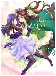  2girls blush breasts brown_hair choker commentary_request drag-on_dragoon drag-on_dragoon_3 dress elbow_gloves facial_mark forehead_mark four_(drag-on_dragoon) gloves green_eyes hand_on_another&#039;s_cheek hand_on_another&#039;s_face highres jacket jacket_on_shoulders kiraki medium_breasts multiple_girls pantyhose purple_eyes purple_hair skirt smile socks_over_pantyhose thighhighs three_(drag-on_dragoon) two_side_up yuri 