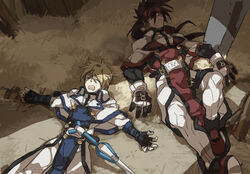  2boys belt blonde_hair brown_hair commentary_request concrete fingerless_gloves gloves guilty_gear headband ky_kiske long_hair lying min_(minyinr) multiple_boys on_back open_mouth order-sol photoshop_(medium) ponytail sleeping sol_badguy sword uniform weapon 