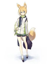  animal_ear_fluff animal_ears blonde_hair blue_eyes commentary_request female fox_ears fox_tail hand_on_own_hip holding jacket jpeg_artifacts kuroino_(poco) looking_at_viewer original poco_(asahi_age) scarf shiratama_kitsune short_hair shorts simple_background solo tabi tail 